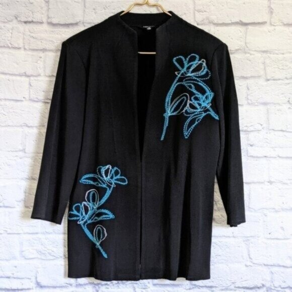 Misook Floral Embroidered Knit Jacket S Black Blue Long Sleeve Designer Classic - Picture 1 of 5